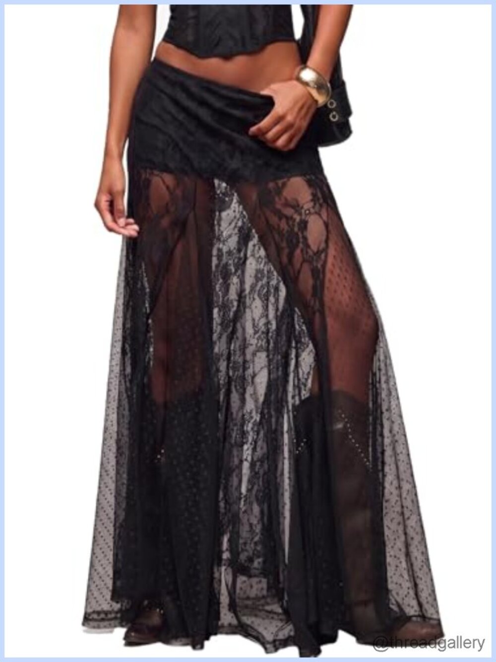 Lace Sheer Maxi Skirt with Built-in Shorts High Waisted A-Line Flowy